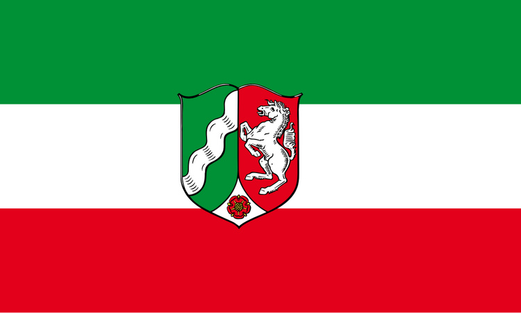 Bild von Flagge Nordrhein-Westfalen mit Wappen  im Hochformat (Glanzpolyester)-Fahne Flagge Nordrhein-Westfalen mit Wappen  im Hochformat (Glanzpolyester)-Nationalflagge, Flaggen und Fahnen kaufen, im Shop bestellen