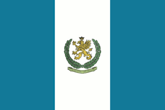Blue before white before blue, with emblem centred