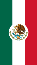[Vertical hanging Mexican flags: arms on white disc]