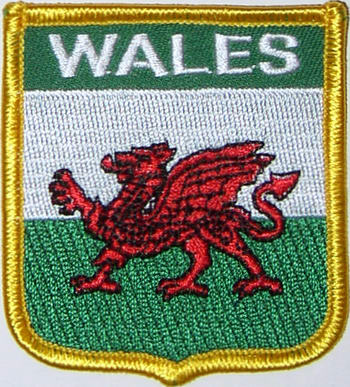 Bild von Aufnäher Flagge Wales  in Wappenform (6,2 x 7,3 cm)-Fahne Aufnäher Flagge Wales  in Wappenform (6,2 x 7,3 cm)-Flagge im Fahnenshop bestellen