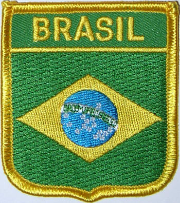 Bild von Aufnäher Flagge Brasilien  in Wappenform (6,2 x 7,3 cm)-Fahne Aufnäher Flagge Brasilien  in Wappenform (6,2 x 7,3 cm)-Flagge im Fahnenshop bestellen