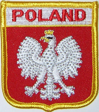 Bild von Aufnäher Flagge Polen  in Wappenform (6,2 x 7,3 cm)-Fahne Aufnäher Flagge Polen  in Wappenform (6,2 x 7,3 cm)-Flagge im Fahnenshop bestellen