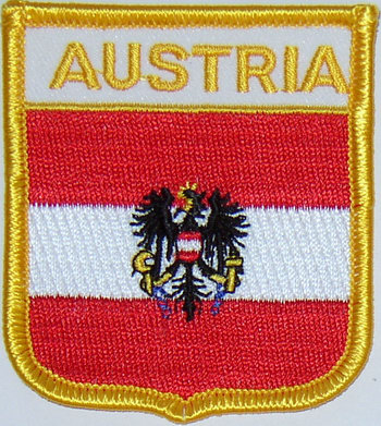 Bild von Aufnäher Flagge Österreich mit Adler  in Wappenform (6,2 x 7,3 cm)-Fahne Aufnäher Flagge Österreich mit Adler  in Wappenform (6,2 x 7,3 cm)-Flagge im Fahnenshop bestellen