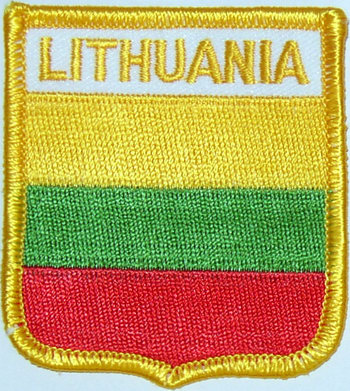 Bild von Aufnäher Flagge Litauen  in Wappenform (6,2 x 7,3 cm)-Fahne Aufnäher Flagge Litauen  in Wappenform (6,2 x 7,3 cm)-Flagge im Fahnenshop bestellen