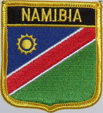 Bild von Aufnäher Flagge Namibia  in Wappenform (6,2 x 7,3 cm)-Fahne Aufnäher Flagge Namibia  in Wappenform (6,2 x 7,3 cm)-Flagge im Fahnenshop bestellen