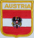 Bild der Flagge "Aufnäher Flagge Österreich mit Adler in Wappenform (6,2 x 7,3 cm)"