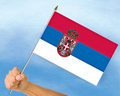 Bild der Flagge "Stockflaggen Serbien mit Wappen (45 x 30 cm)"