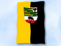 Bild der Flagge "Flagge Sachsen-Anhalt mit Wappen im Hochformat (Glanzpolyester)"