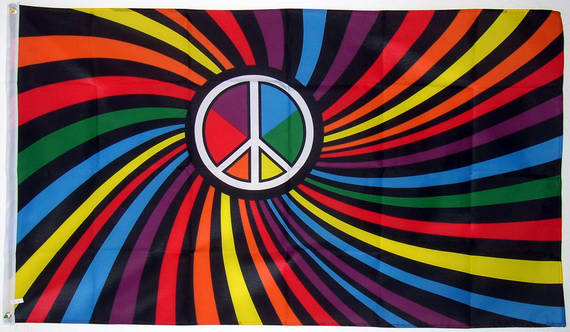 Bild von Friedensfahne Bunte Spirale mit PEACE-Zeichen-Fahne Friedensfahne Bunte Spirale mit PEACE-Zeichen-Flagge im Fahnenshop bestellen