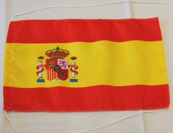 Bild von Tisch-Flagge Spanien mit Wappen-Fahne Tisch-Flagge Spanien mit Wappen-Flagge im Fahnenshop bestellen