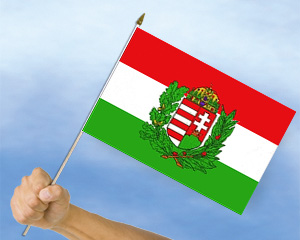 Bild von Stockflaggen Ungarn mit Wappen  (45 x 30 cm)-Fahne Stockflaggen Ungarn mit Wappen  (45 x 30 cm)-Flagge im Fahnenshop bestellen