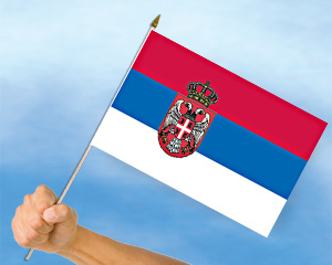 Bild von Stockflaggen Serbien mit Wappen  (45 x 30 cm)-Fahne Stockflaggen Serbien mit Wappen  (45 x 30 cm)-Flagge im Fahnenshop bestellen