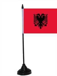 Bild von Tisch-Flagge Albanien 15x10cm  mit Kunststoffständer-Fahne Tisch-Flagge Albanien 15x10cm  mit Kunststoffständer-Flagge im Fahnenshop bestellen