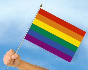 Bild von Stockflagge Regenbogen (LGBTQ Pride)  (40 x 30 cm)-Fahne Stockflagge Regenbogen (LGBTQ Pride)  (40 x 30 cm)-Flagge im Fahnenshop bestellen