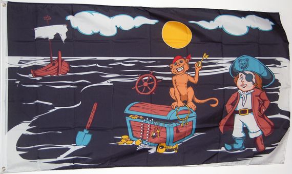 Bild von Flagge Pirat mit Schatz und Affe-Fahne Flagge Pirat mit Schatz und Affe-Flagge im Fahnenshop bestellen