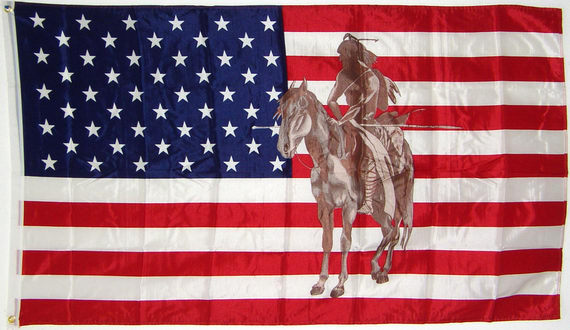 Bild von Flagge USA mit Indianer auf Pferd-Fahne Flagge USA mit Indianer auf Pferd-Flagge im Fahnenshop bestellen