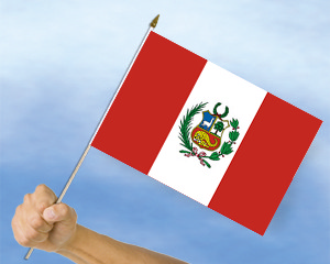 Bild von Stockflaggen Peru mit Wappen  (45 x 30 cm)-Fahne Stockflaggen Peru mit Wappen  (45 x 30 cm)-Flagge im Fahnenshop bestellen