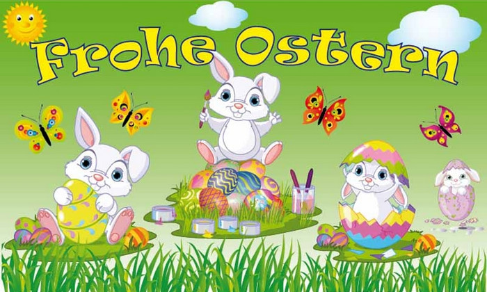 Bild von Flagge Frohe Ostern - Hasenkinder mit Ostereiern-Fahne Flagge Frohe Ostern - Hasenkinder mit Ostereiern-Flagge im Fahnenshop bestellen